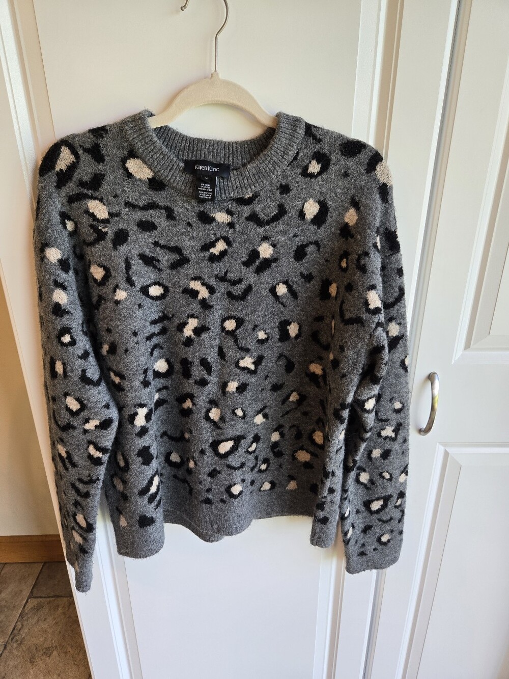 Karen Kane Gray Leopard-Print Crewneck Sweater with Cream & Black Accents